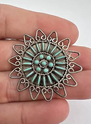 Vintage Zuni Sterling Silver Needle Point Turquoise Sun Brooch Pendant 1.5  • $125