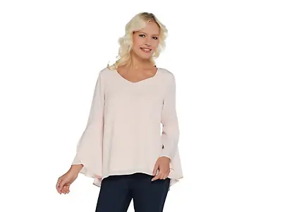 H By Halston Textured Georgette Top With Tulip Bell Sleeves-Pearl Blush-Reg 12 • $4.25