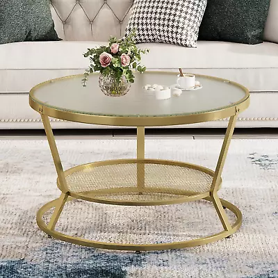 Round Gold Coffee Table 2-Tier Coffee Table For Living Room Gold Glass Coffee  • $132.99