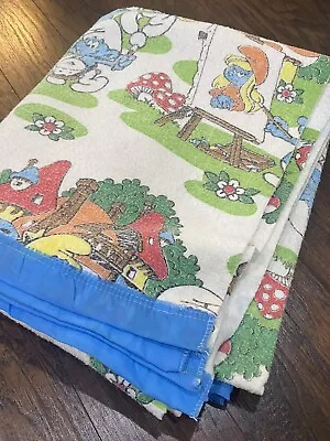 Vintage 80’s Smurfs Blanket Blue Satin Trimmed Bedding Cartoon 67x88 Smurfette • $59.99