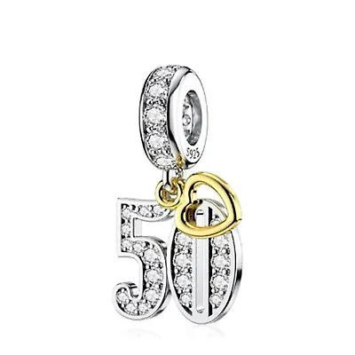 50th Birthday Dangle Golden Heart Charm Sterling Silver Bracelet S925 Christmas • £8.45