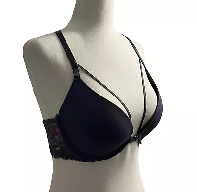 La Senza Obsession Women Size 36C Dark Purple Fron Closure Halter Lace Bra 10B-2 • $10