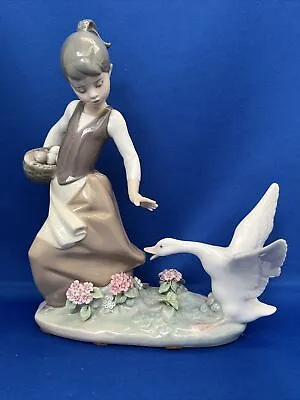 Lladro Aggressive Goose Porcelain Figurine Goose Chasing A Girl With Egg Basket • $79.99