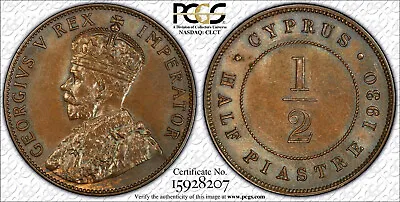 CYPRUS 1/2 Piastre 1930 Bronze George V PCGS MS62 • $445