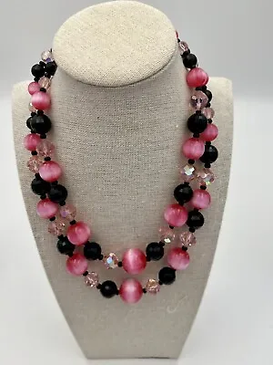 Vintage Vendome Pink & Black Crystal & Lucite Bib Necklace Flower & Leaf Clasp • $50