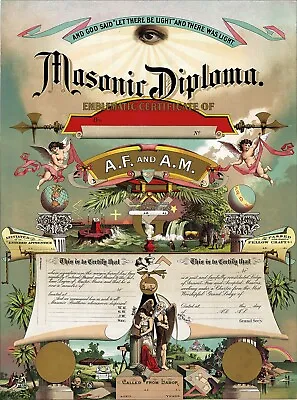 1891 Masonic Diploma Master Mason Certification  16x20 Poster Repro Print • $21.95