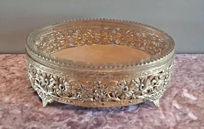 Antique Filigree Ormolu Jewelry Box Casket With Beveled Glass Display Case • $49.77