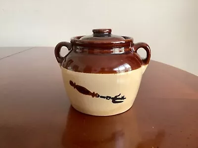 Vintage 1 Quart Double Dipped Brown Bean Crock Pot With Handles & Lid 4” H • $10