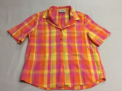 Vintage 80's New Attitude Russ Togs Bright Orange Pink Plaid Shirt Womens Medium • $1.99