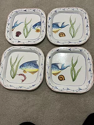 Vietri Swimming Fish Pattern Hand Painted Italy Set Of 4 Square  Dinner Plates • $36