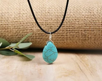 Teardrop Turquoise Pendant Necklace For Women With Leather Cord • $3.99