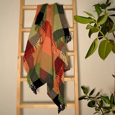 Check Herringbone Multicoloured Cotton Tasselled Throw Blanket For Bed Sofa • £19.95