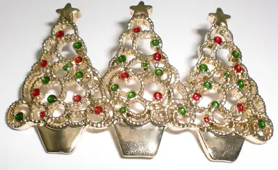 Vintage CHRISTMAS BROOCH PIN THREE TREES ORNAMENTS XMAS GIFT • $7.49