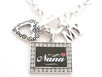 Nana I Love Heart My Silver Toggle Necklace Crystal Black Rectangle Jewelry • $19.49