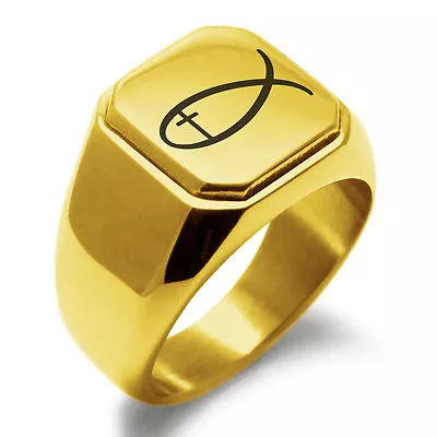 Stainless Steel Fish With Jesus Ichthus Cross Square Biker Style Signet Ring • $15