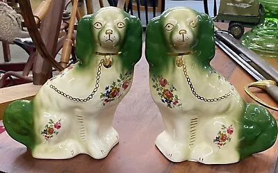 Vintage Pair Of STAFFORDSHIRE Green & Floral Chintz Mantel Dogs  8.5” Tall • $265