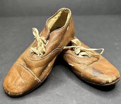 Antique Child's Brown Distressed Leather Lace Up Shoes Oxford 1920's • $42.64