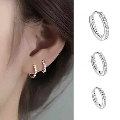 Womens Silver Small Huggie Hoop Earrings CZ Crystal Plated 925 Sterling Silver • $10.99