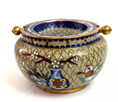 Vtg Chinese Cloisonne Enamel Brass Fruit & Urn Flip Top Incense Burner Ashtray • $59