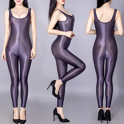 Women Sexy See Through Bodysuit Shiny Glossy Catsuit Lingerie Zipper Open Crotch • £15.11