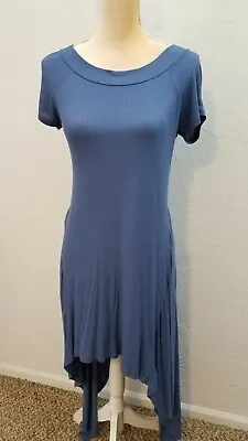 Miracle Berry Womens Sz Small Blue Short Sleeve Rib Knit Dress Asymmetrical Hem • $12.96