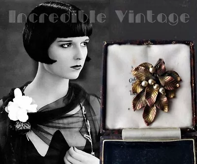 Vintage MIRIAM HASKELL Era Dress Clip Art Deco Vine Leaf Pearl Gilt Copper Pin • £39.95