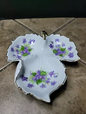 Ucagco Porcelain 3 Part Leaf Violets Candy Trinket Dish 22k Gold Trim Japan • $20