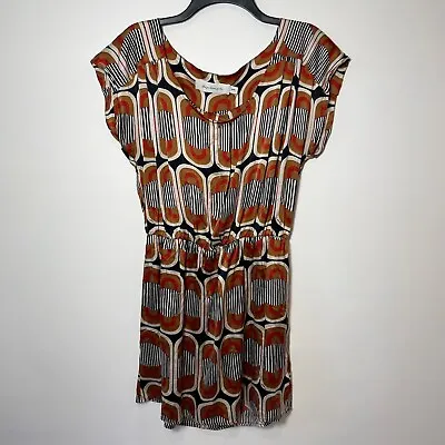 T-Bags Womens Silk Abstract Short Sleeve Mini Dress Brown M Elastic Waist Casual • $36.75