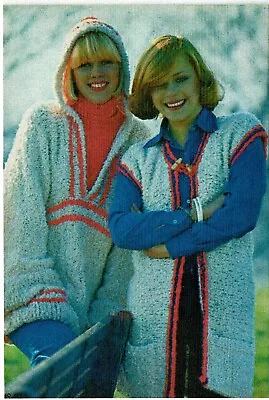 ~ Laminated Vintage Knitting Pattern For Hooded Sweater & Long Line Waistcoat ~ • £1.95