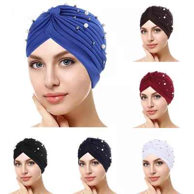 Women's Turban Hat Beaded Pearls Muslim Wrap Hair Cap Hijab Head Scarf Black • $3.53