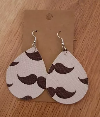 Womens Mustache Print Light Weight Faux Leather Dangle Earrings • $2.75