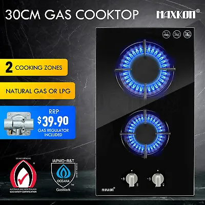 Maxkon Gas Cooktop 30cm 2 Burner Cooktop Hob Stove Top Knobs NG LPG Glass Black • $136.95