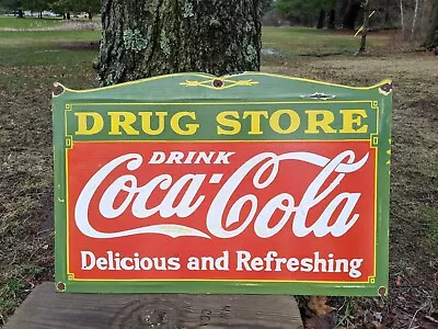 Large Vintage Coca-cola  Drug Store  Porcelain Soda Gas Sign Coke 27  X 18  • $130.50