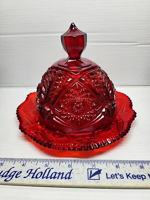 Vintage L.E. Smith Art Glass Moon&Stars Covered Cheese Dish Serving Ruby Red • $75