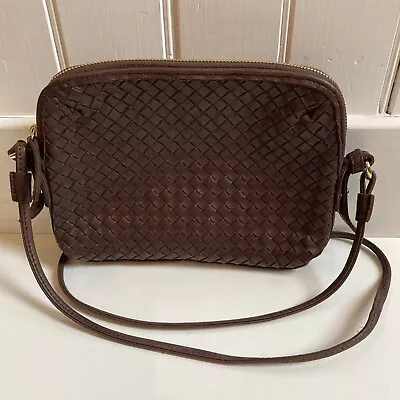 MARGOT Dark Brown Woven Leather Crossbody Handbag Shoulder Bag Purse Gold Zip • $35