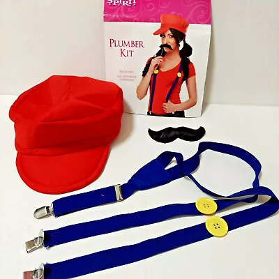 3 Pc Halloween Costume Plumbe Hat Suspenders Stick - On Mustache Unisex Adult • $7.87