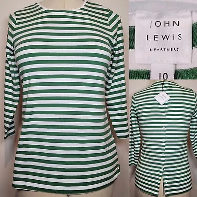 $27.38 • Buy John Lewis Womens Button Back Stripe Top Size 10 Green White 3/4 Sleeve New