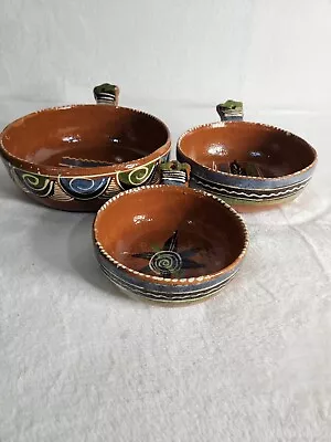 Vintage Set Of 3 Handcrafted Clay Pottery Nesting Bowls W Handles Made In Mexico • $29