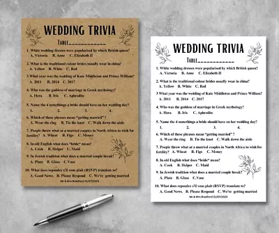 Wedding Table Games Personalised/Wedding Trivia / Icebreakers (pack Of 20) • £6.99