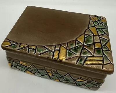 Vintage PY Ucagco Green/Tan/Gold Mosaic Ceramic Trinket Box. 5 1/2 X 4  • $19.30