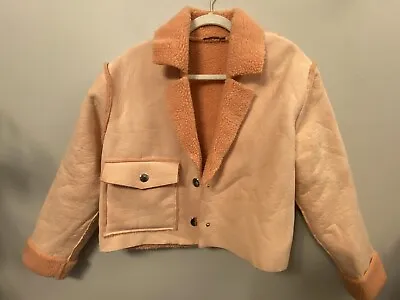 $28 • Buy Zara Jacket, Faux Fur Crop Jacket, Pink, Peach, Shearling