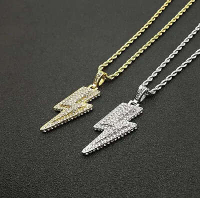 Iced Lightning Bolt Pendant Silver/Gold Simulated Diamond Bling Chain Men • $14.99