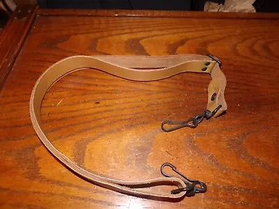 French Military Tan Leather Rifle Sling 1  Wide Adjustable Metal Clips On Ends • $18.99