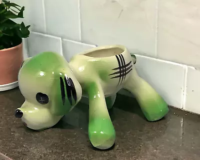 Green Plaid Puppy Dog Planter Vintage Small Ceramic / Succulents Anthropomorphic • $19.99