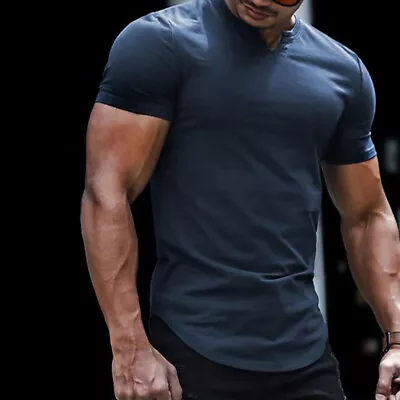 Men O-Neck Short Sleeve Tops T-shirt Slim Fit Stretch Sport Gym Muscle Tee Tunic • $14.02