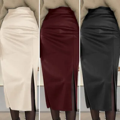 Vintage Womens Faux Leather Side Split Skirts High Waist Bodycon Slim Midi Skirt • £13.71