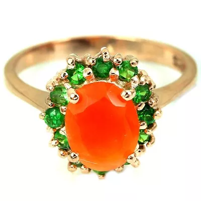 Real Orange Fire Opal Oval & Tsavorite Garnet Sterling 925 Silver Ring Size 5.5 • $15.53