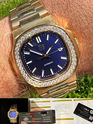 Mens Real Stainless Gold Iced 2ct Moissanite Watch Pass Diamond Test Blue Face • $428.38