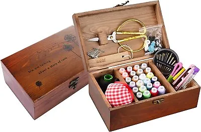 Sewing Kit Box Basket Wooden Hand Home Sewing Repair Tool Kit  Universal Sew Kit • $32.45