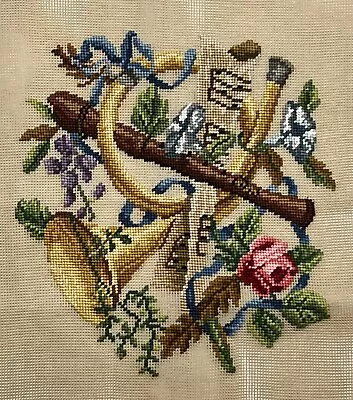 Preworked FRENCH HORN & FLOWERS Music Instrument Needlepoint Canvas 11.5x12.5  • $90